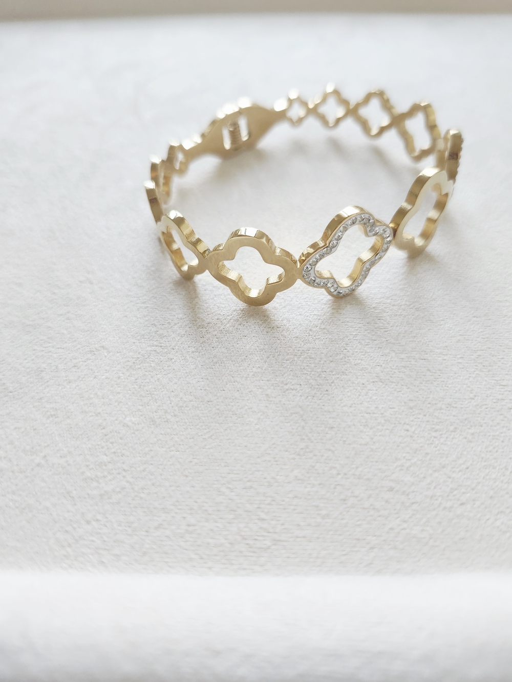 Gold Tone Open Clover Bangle Bracelet Crystal Pave Accents Hinged - Picture 5 of 5